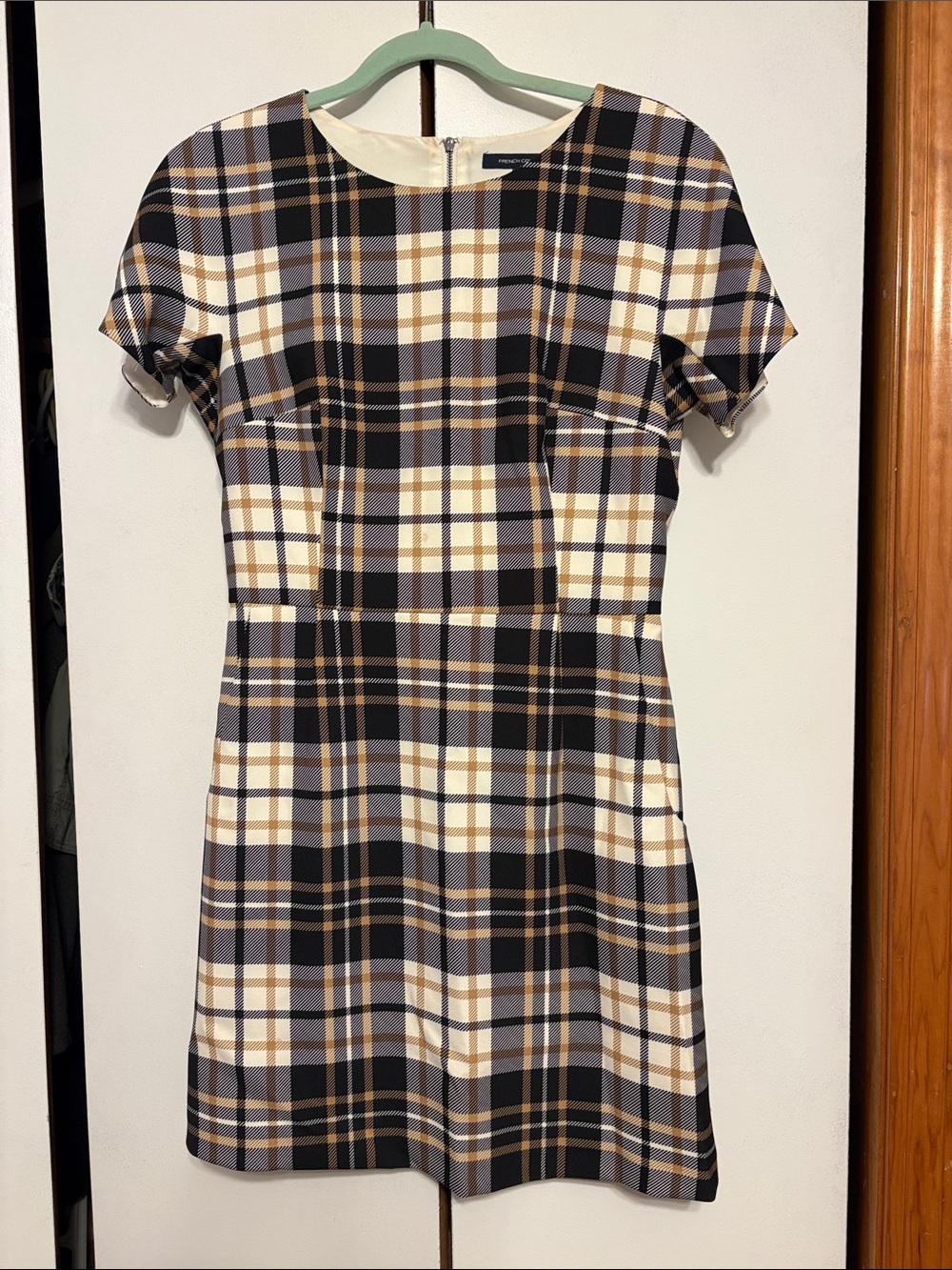 French Connection Plaid Short-Sleeve Shift Dress in Black, Cream & Tan